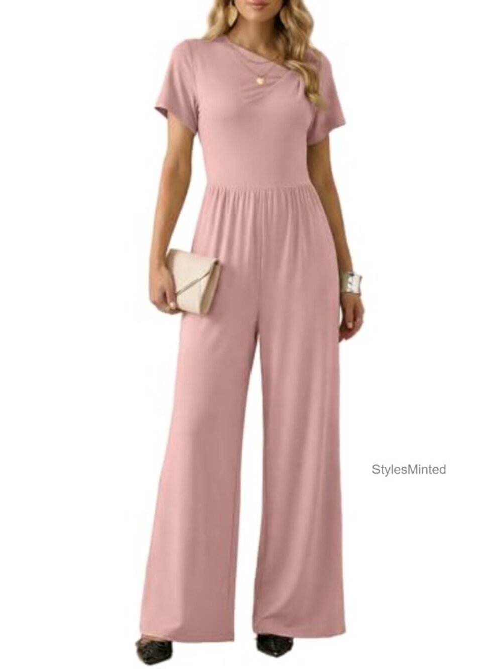 Dokotoo Womens Dressy Casual One Piece Jumpsuit Short Sleeve Wide Leg
